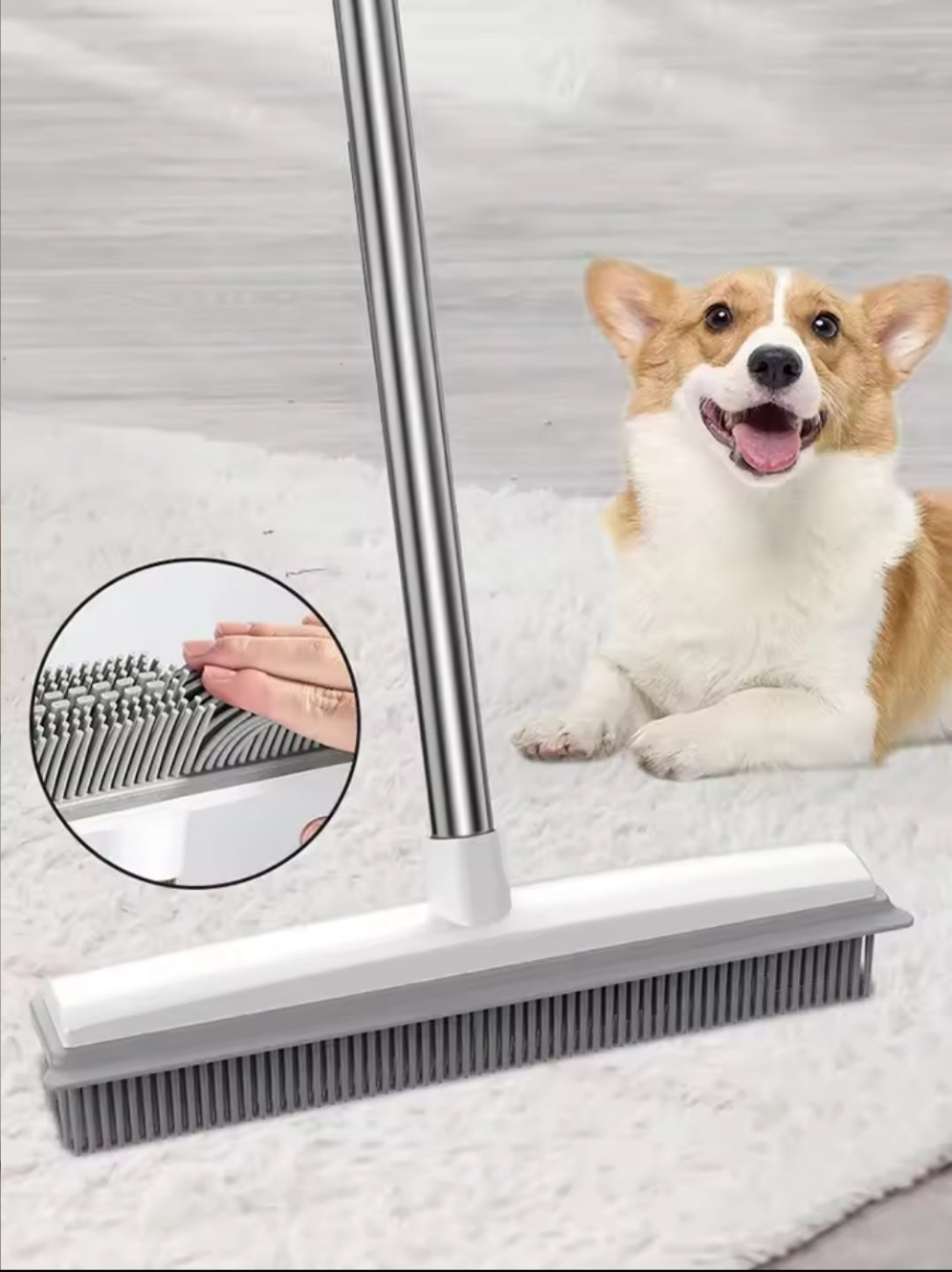 Rubber broom for pet hair and lint removal